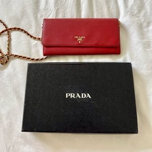 Authentic Prada Wallet on chain with box - red
